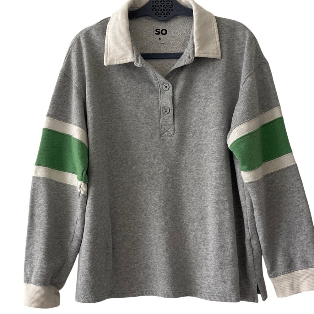 SO Women's‎ Gray Rugby Polo with Green and Ivory Stripes Medium